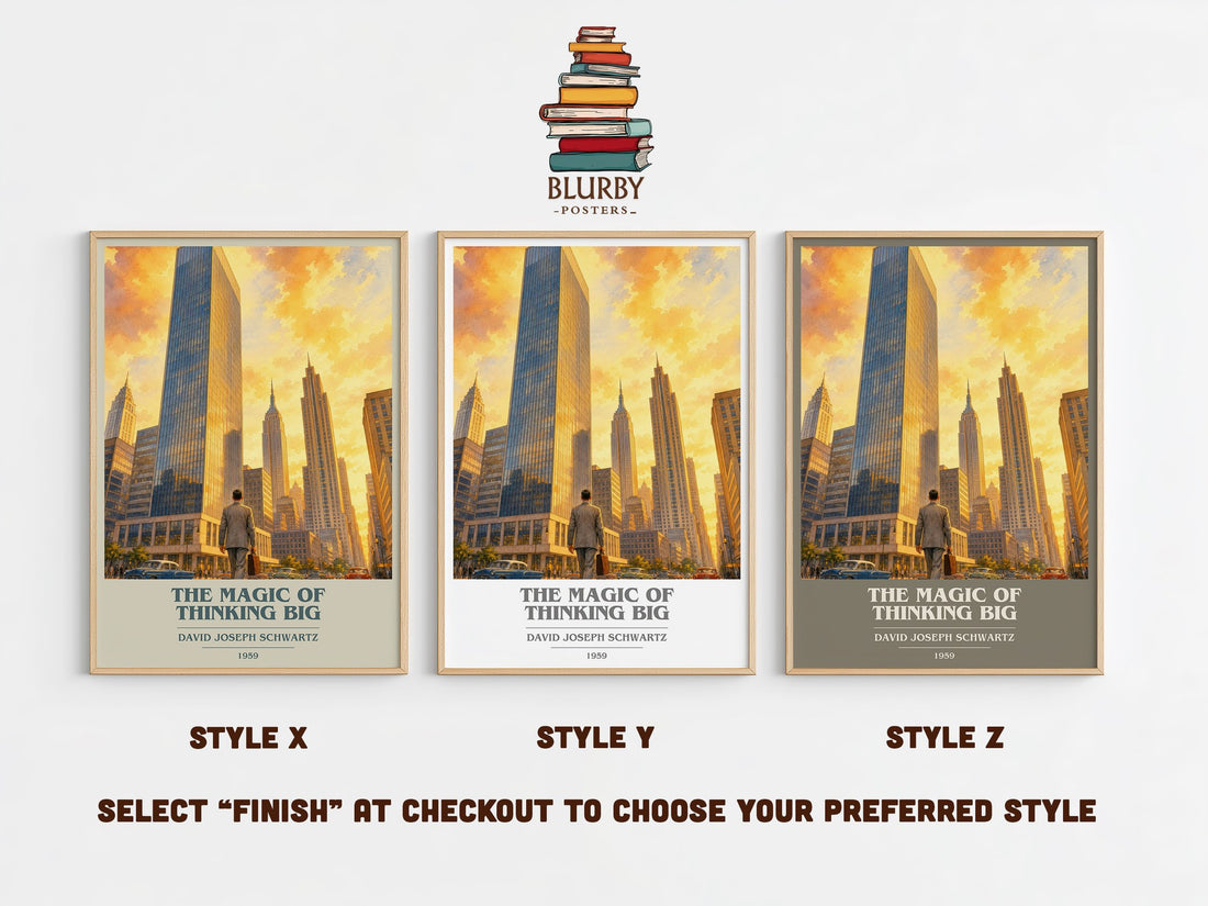 The Magic of Thinking Big book cover print in frame leaning in hallway – non fiction wall art (mockup)