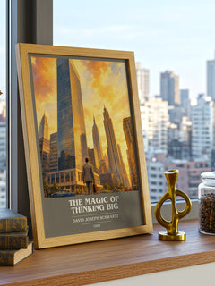 The Magic of Thinking Big book cover print framed by window – literary home decor