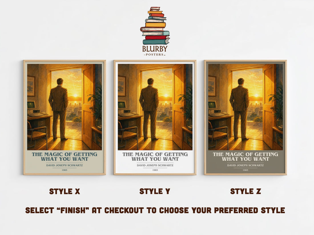 The Magic of Getting What You Want book cover print in frame leaning in hallway – non fiction wall art (mockup)