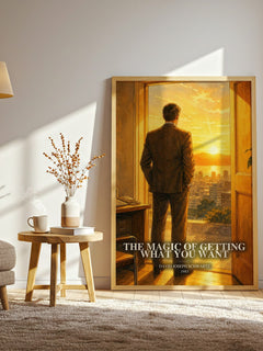 The Magic of Getting What You Want watercolour print in frame leaning in hallway – non fiction wall art