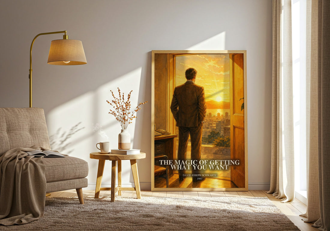 The Magic of Getting What You Want watercolour print in frame leaning in hallway – non fiction wall art