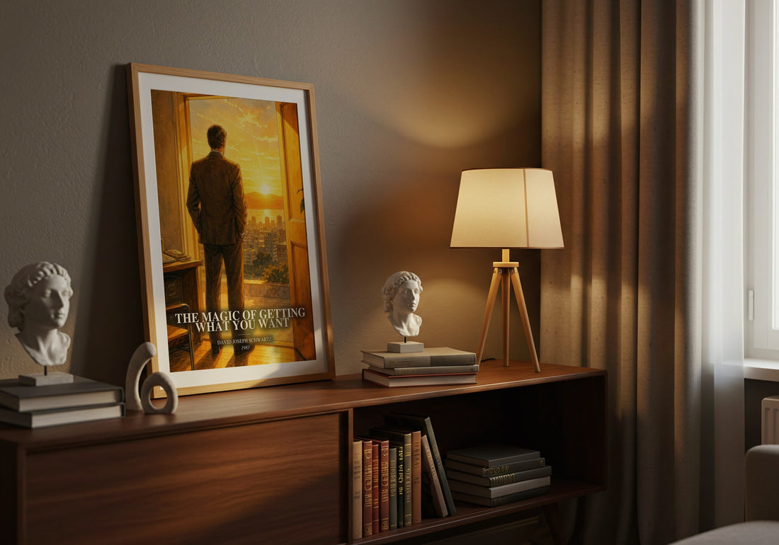 The Magic of Getting What You Want watercolour print on bookshelf – David Joseph Schwartz fan gift