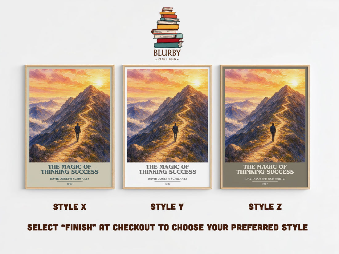 The Magic of Thinking Success book cover print in frame leaning in hallway – non fiction wall art (mockup)