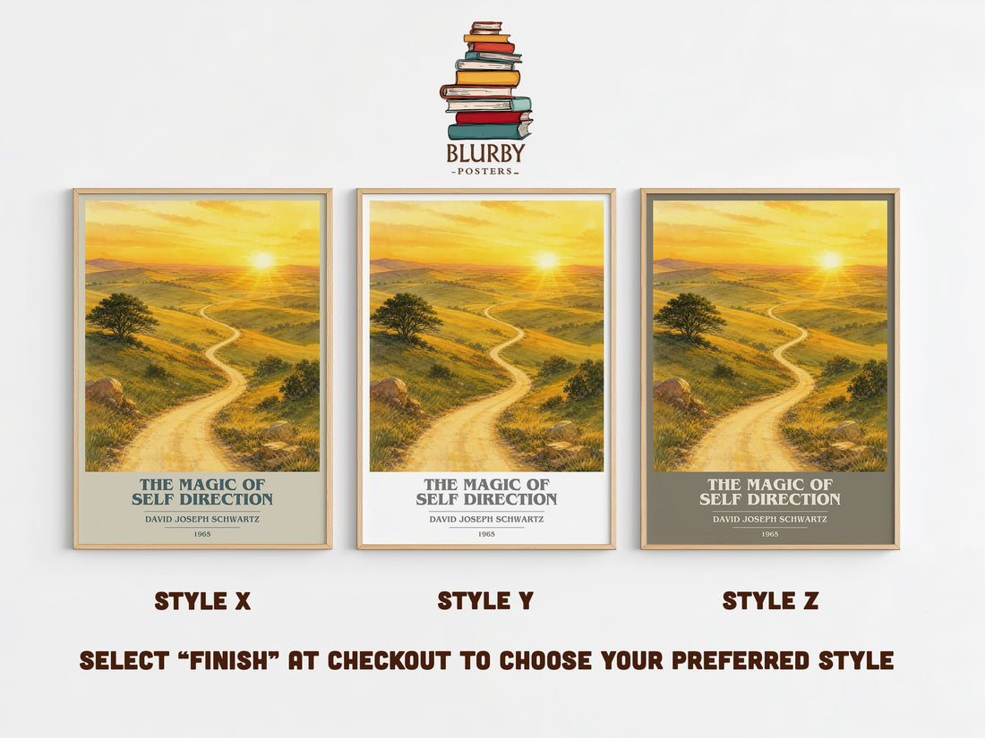 The Magic of Self Direction book cover print in frame leaning in hallway – non fiction wall art (mockup)