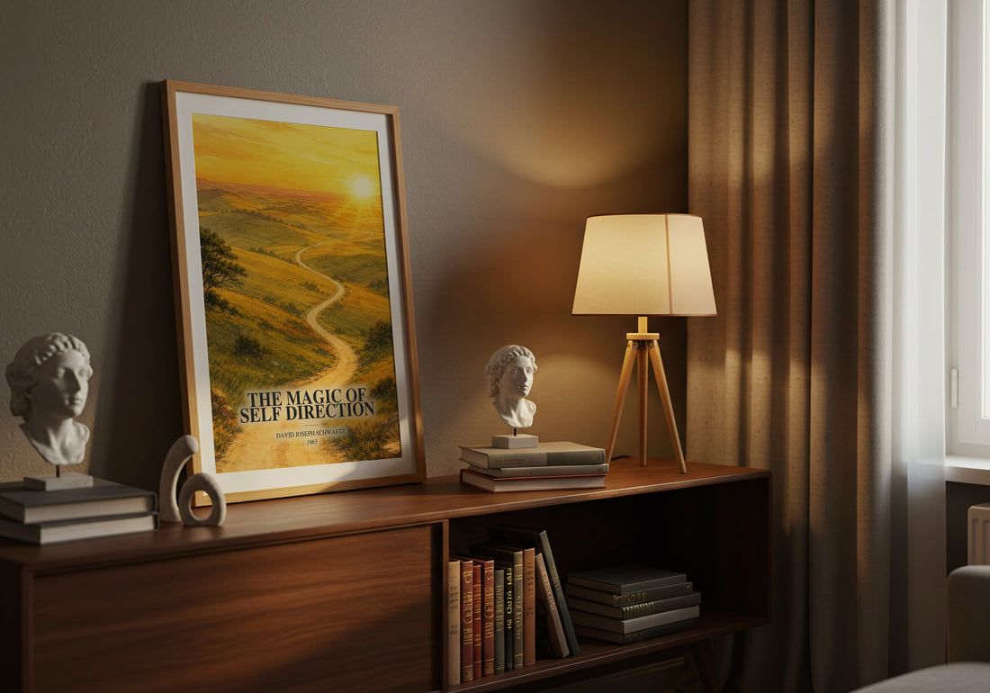 The Magic of Self Direction watercolour print on bookshelf – David Joseph Schwartz fan gift