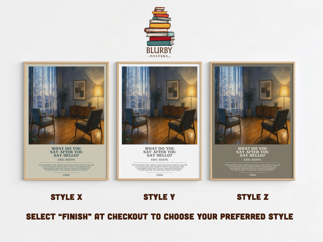 What do you say after you say hello? bookish print in frame leaning in hallway – non fiction wall art (mockup)