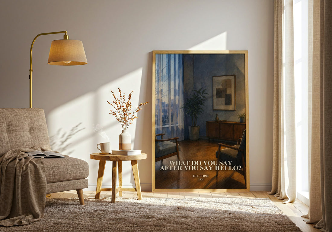What do you say after you say hello? watercolour print in frame leaning in hallway – non fiction wall art