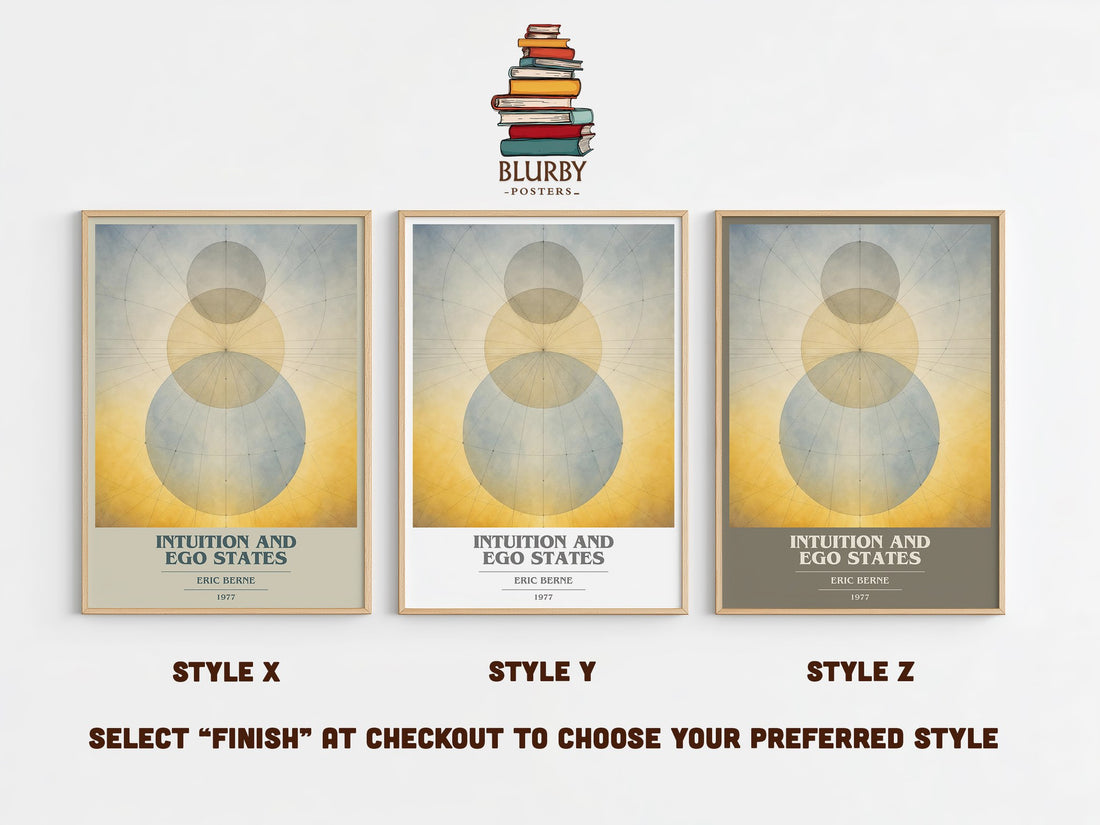 Intuition and ego states book cover print in frame leaning in hallway – non fiction wall art (mockup)