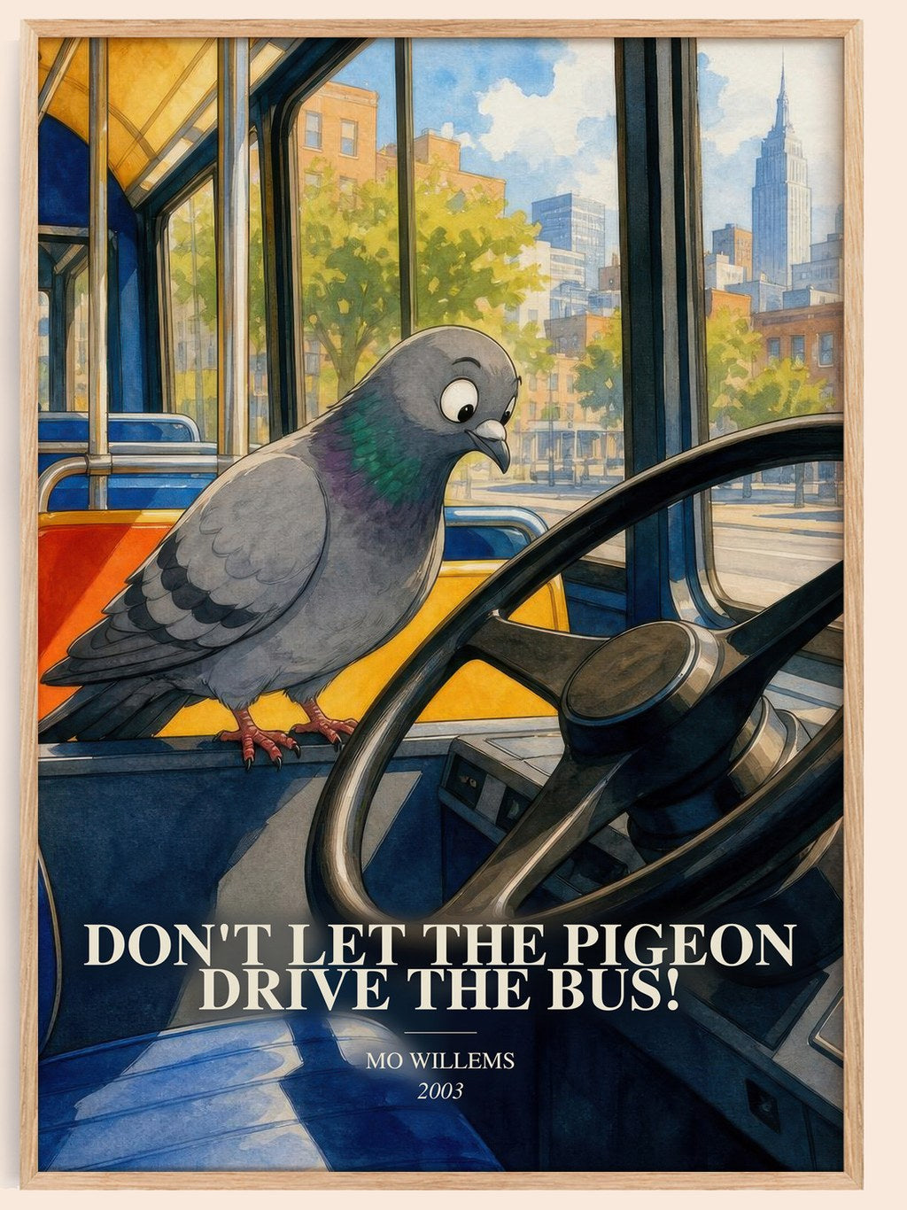 Don't Let the Pigeon Drive the Bus! watercolour book poster by Mo Willems – framed literary art print