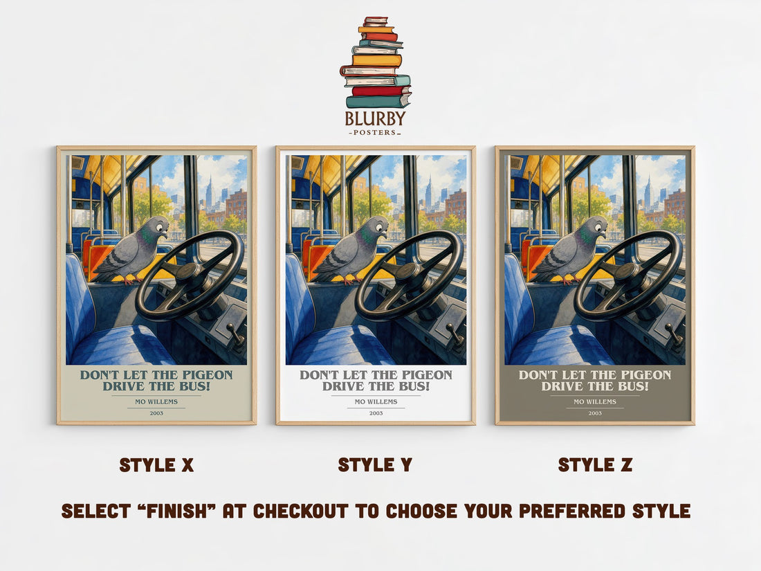 Don't Let the Pigeon Drive the Bus! book cover print in frame leaning in hallway – childrens wall art (mockup)