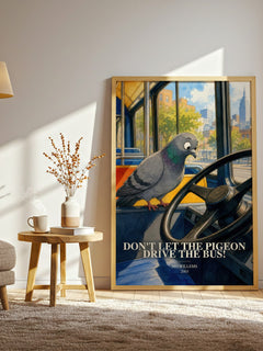 Don't Let the Pigeon Drive the Bus! watercolour print in frame leaning in hallway – childrens wall art