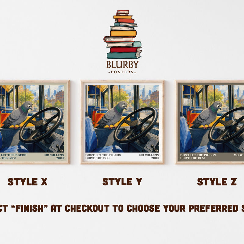 Don't Let the Pigeon Drive the Bus! literary print in frame leaning in hallway – childrens wall art
