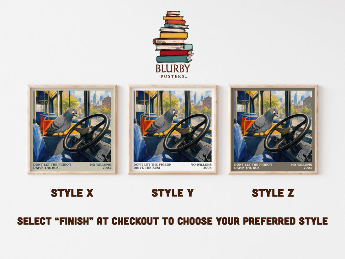 Don't Let the Pigeon Drive the Bus! literary print in frame leaning in hallway – childrens wall art (mockup)