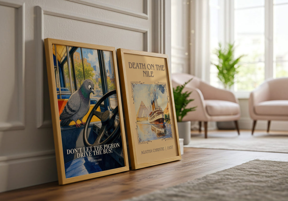 Don't Let the Pigeon Drive the Bus! watercolour print framed by window – literary home decor