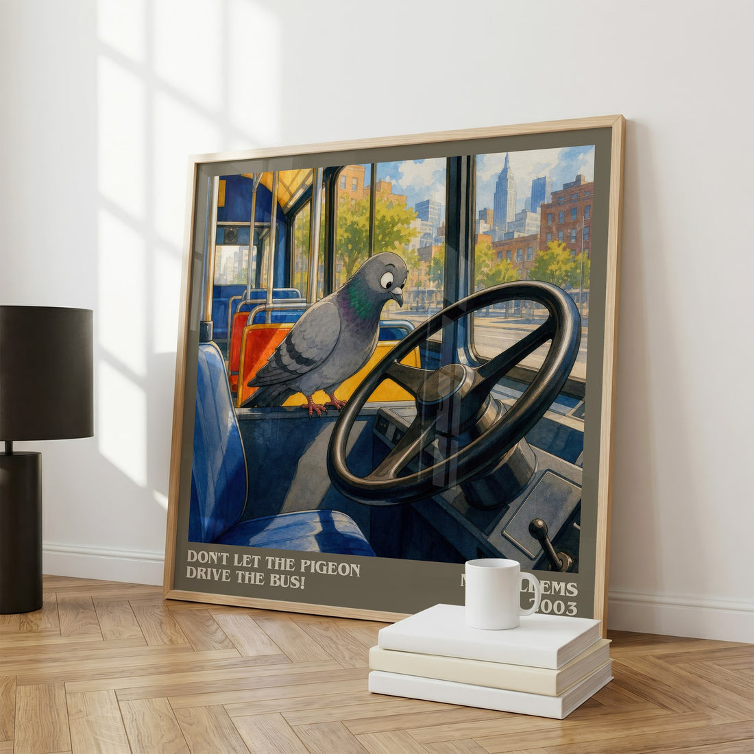 Don't Let the Pigeon Drive the Bus! literary print framed by window – literary home decor
