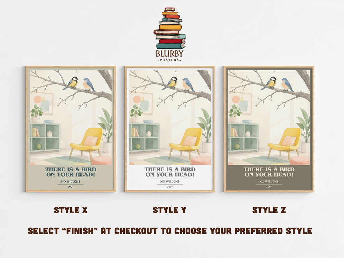 There is a bird on your head! book cover print in frame leaning in hallway – childrens wall art (mockup)