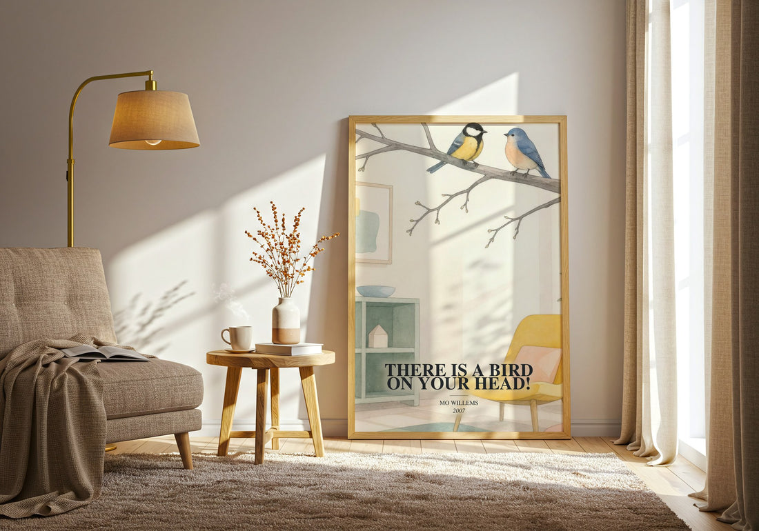 There is a bird on your head! watercolour print in frame leaning in hallway – childrens wall art