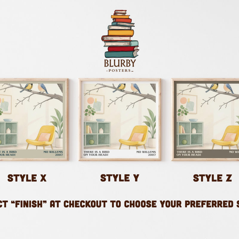 There is a bird on your head! literary print in frame leaning in hallway – childrens wall art