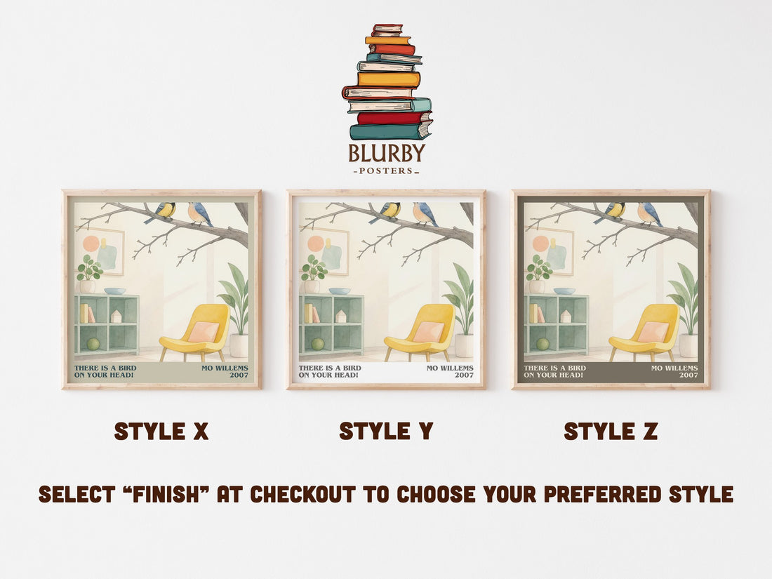 There is a bird on your head! literary print in frame leaning in hallway – childrens wall art (mockup)
