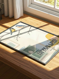 There is a bird on your head! watercolour book poster framed on wall – childrens wall art