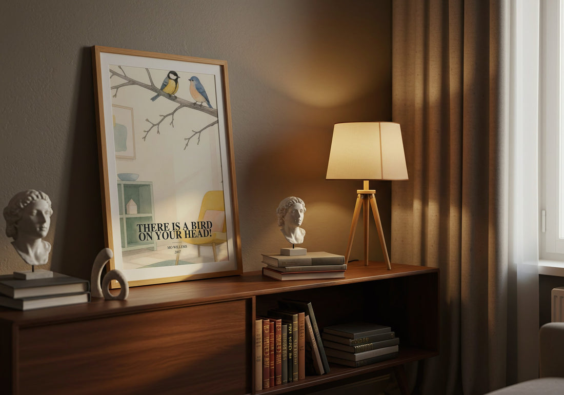 There is a bird on your head! watercolour print on bookshelf – Mo Willems fan gift