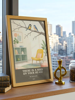 There is a bird on your head! book cover print framed by window – literary home decor