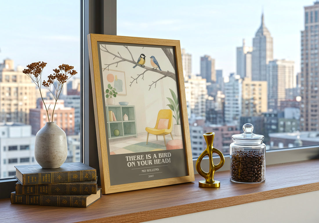 There is a bird on your head! book cover print framed by window – literary home decor