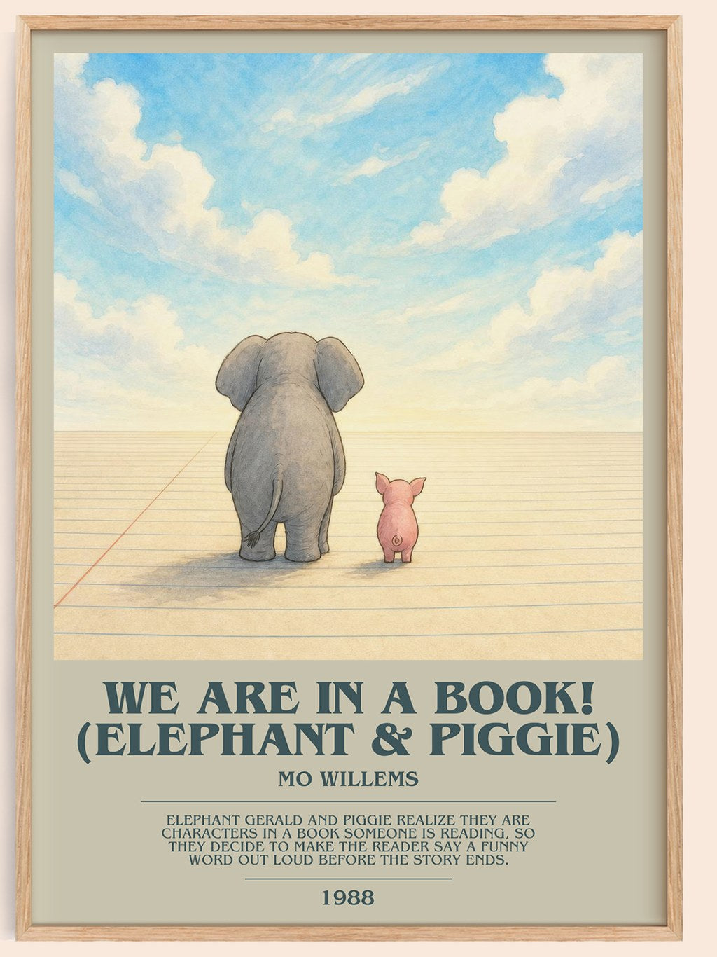 We Are in a Book! (Elephant & Piggie) bookish book poster by Mo Willems – framed literary art print