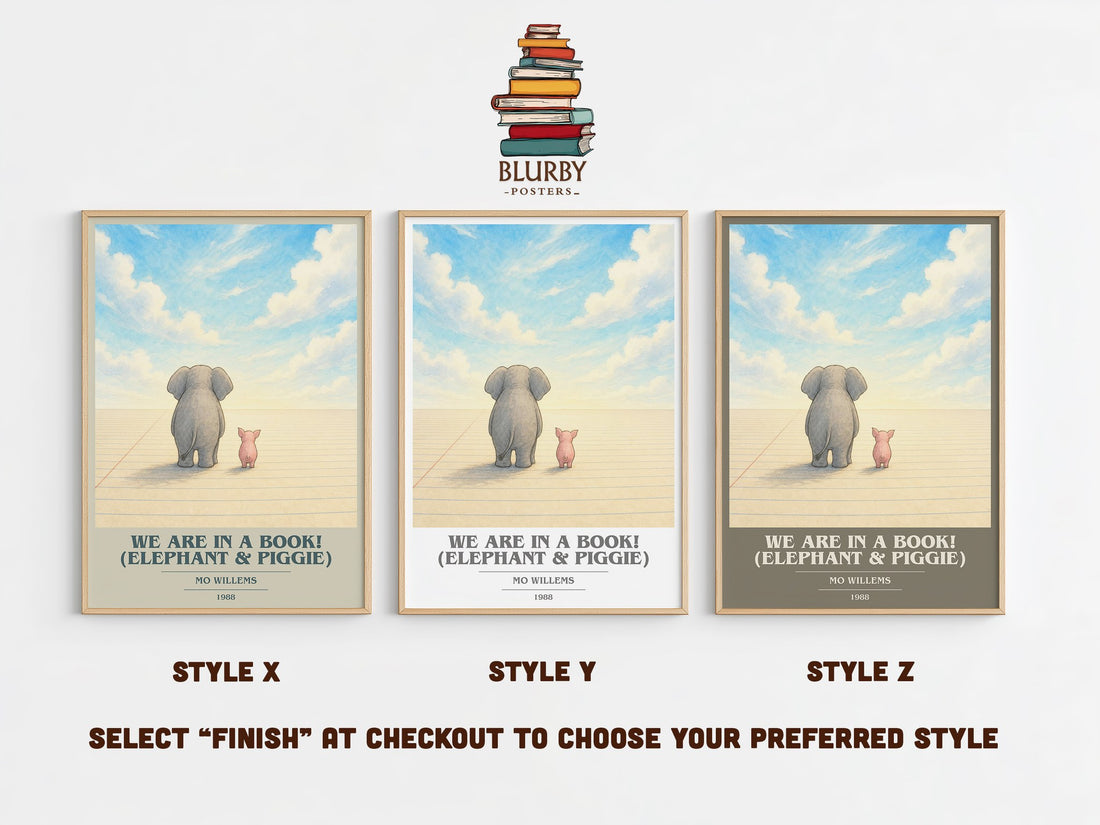 We Are in a Book! (Elephant & Piggie) book cover print in frame leaning in hallway – childrens wall art (mockup)