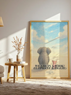 We Are in a Book! (Elephant & Piggie) watercolour print in frame leaning in hallway – childrens wall art