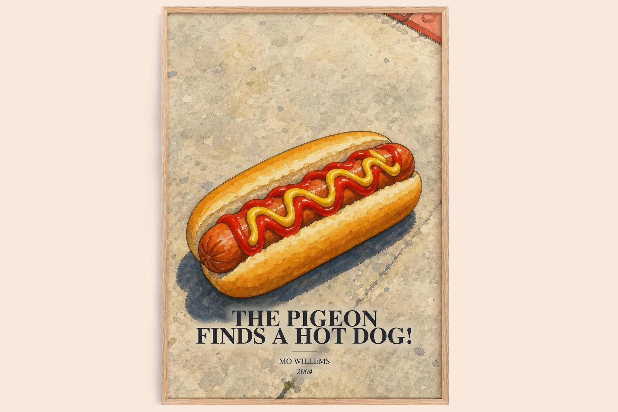 Pigeon finds a hot dog! Book Watercolour Illustration by Mo Willems