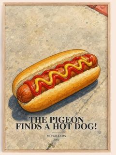 The Pigeon finds a hot dog! watercolour book poster by Mo Willems – framed literary art print