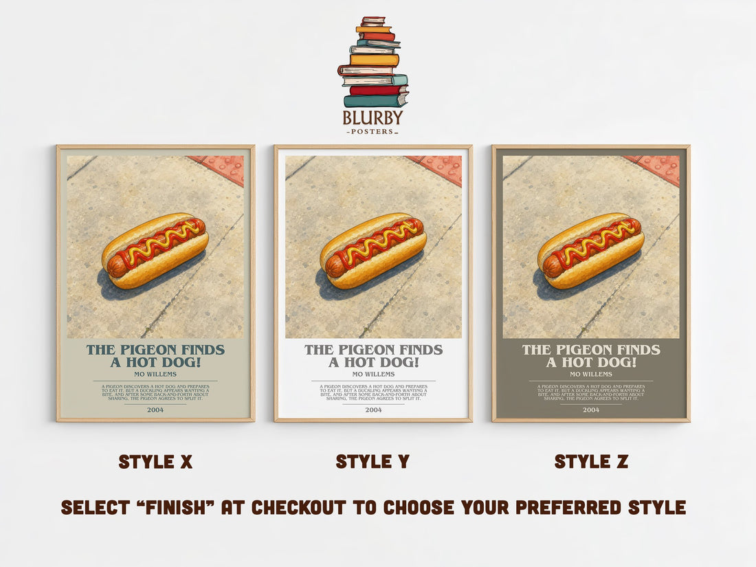 The Pigeon finds a hot dog! bookish print in frame leaning in hallway – childrens wall art (mockup)