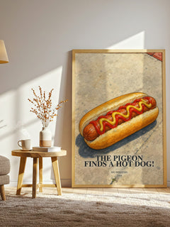The Pigeon finds a hot dog! watercolour print in frame leaning in hallway – childrens wall art