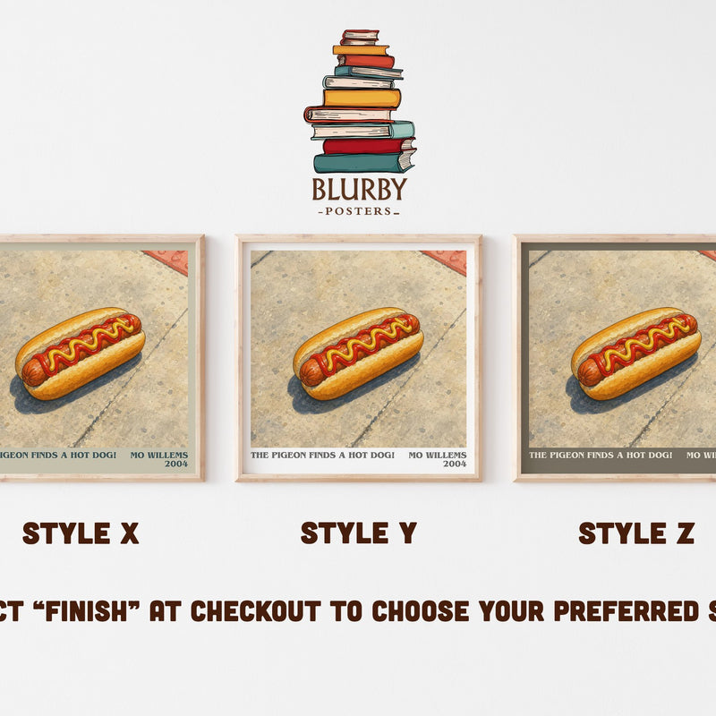 The Pigeon finds a hot dog! literary print in frame leaning in hallway – childrens wall art