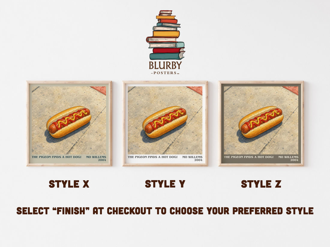 The Pigeon finds a hot dog! literary print in frame leaning in hallway – childrens wall art (mockup)