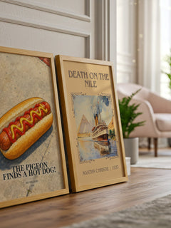 The Pigeon finds a hot dog! watercolour print framed by window – literary home decor