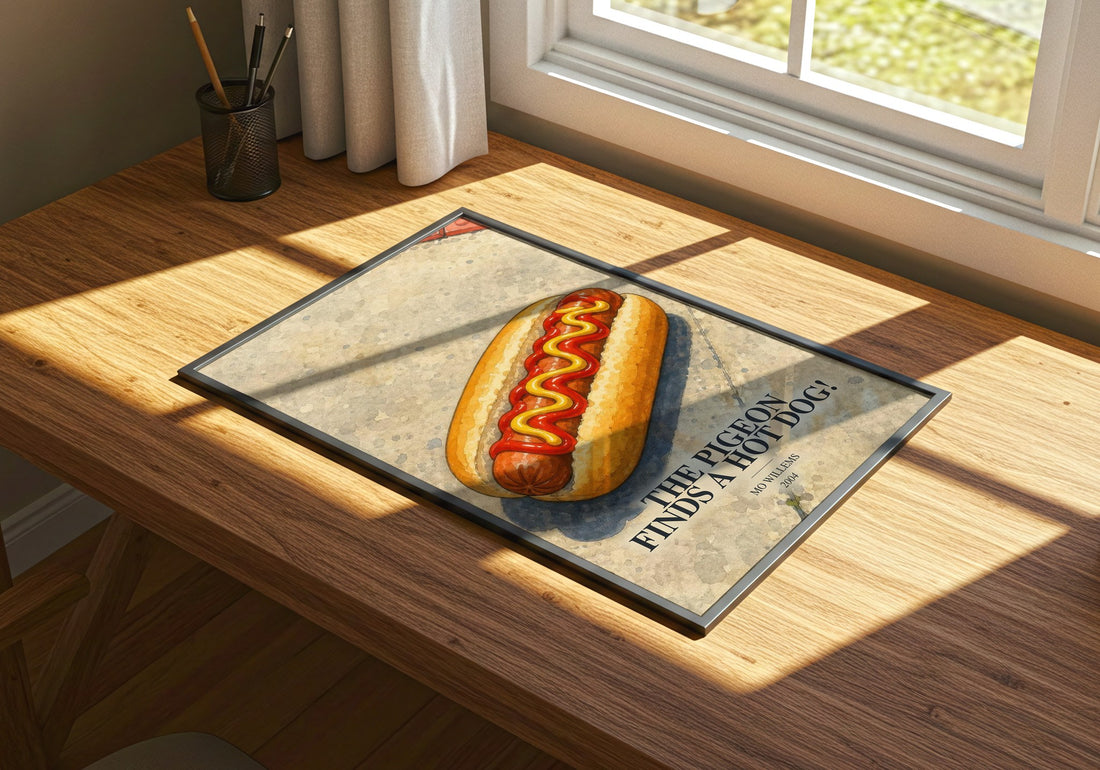 The Pigeon finds a hot dog! watercolour book poster framed on wall – childrens wall art