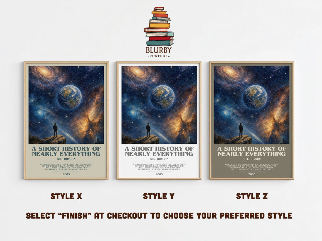 A short history of nearly everything bookish print in frame leaning in hallway – non fiction wall art (mockup)