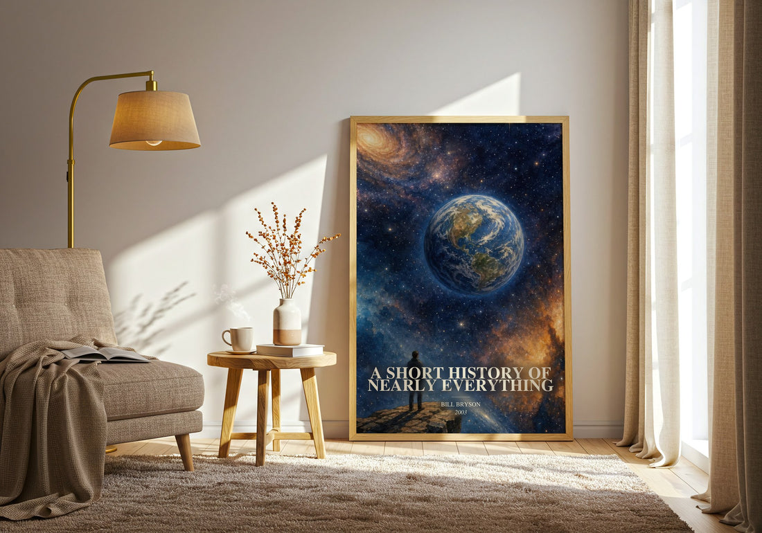A short history of nearly everything watercolour print in frame leaning in hallway – non fiction wall art