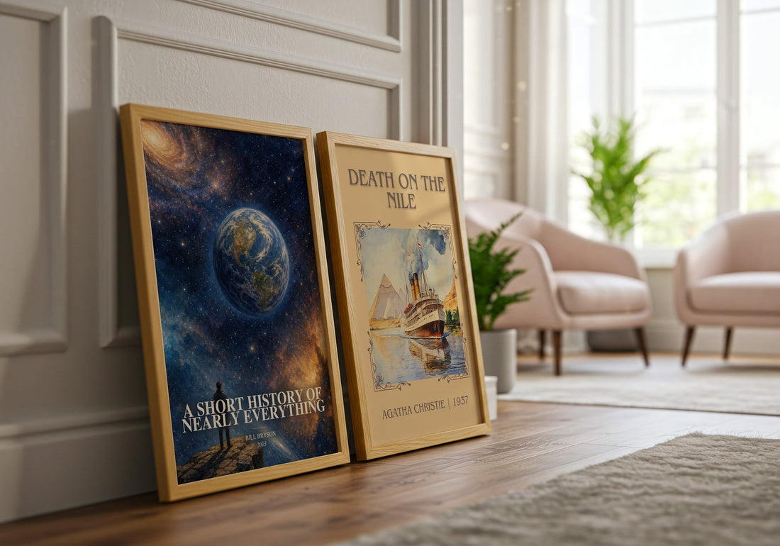 A short history of nearly everything watercolour print framed by window – literary home decor