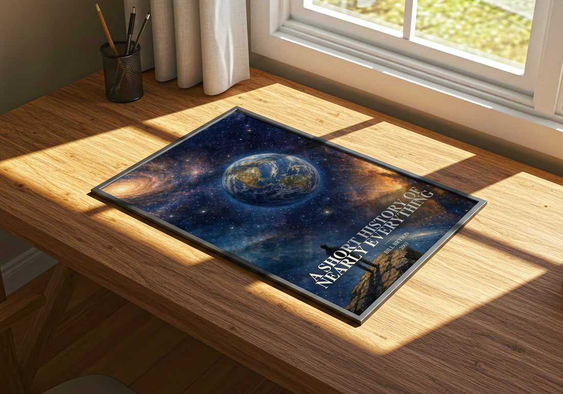 A short history of nearly everything watercolour book poster framed on wall – non fiction wall art