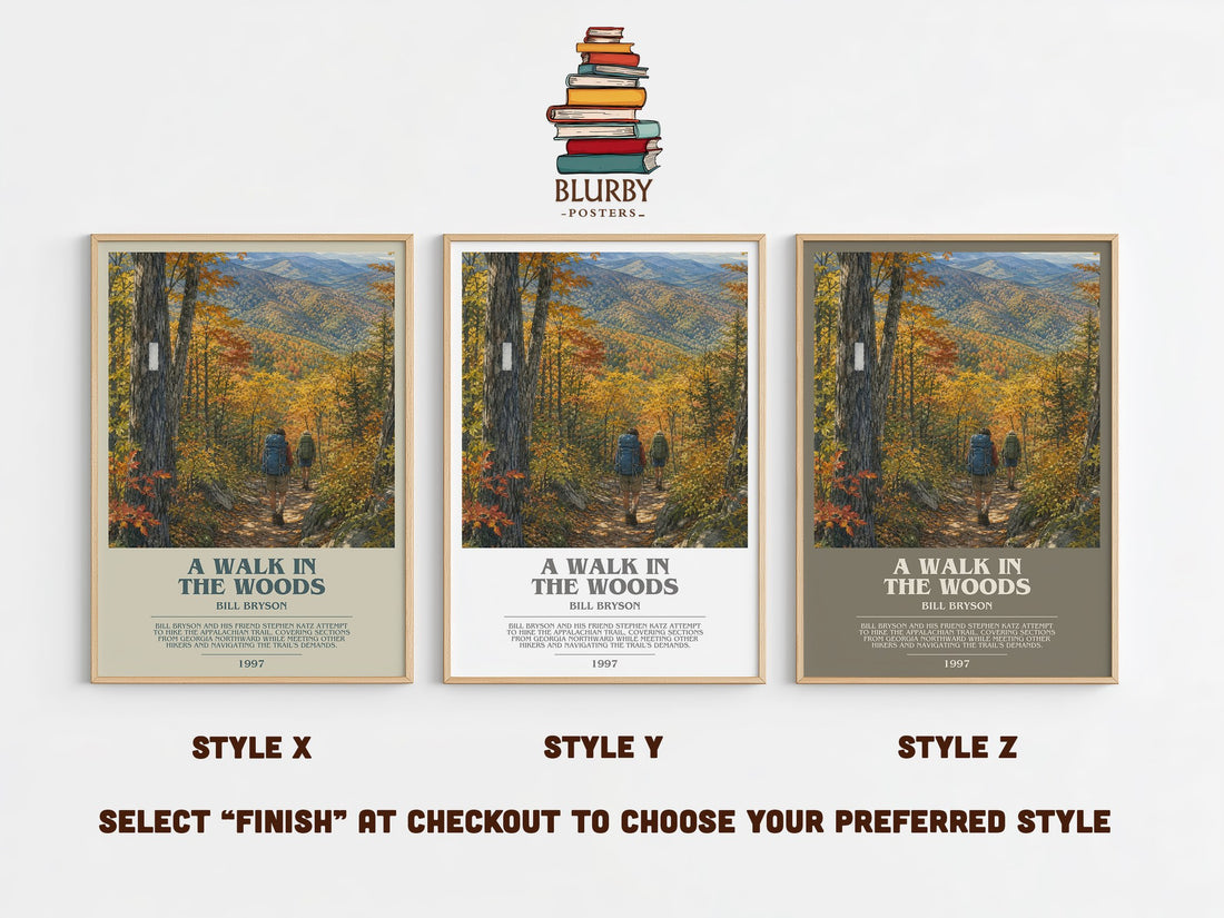A Walk in the Woods bookish print in frame leaning in hallway – memoir wall art (mockup)