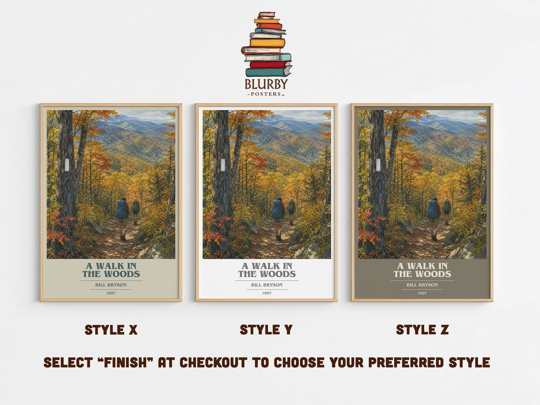 A Walk in the Woods book cover print in frame leaning in hallway – memoir wall art (mockup)