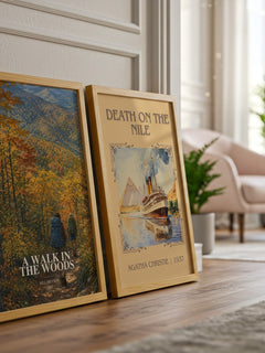A Walk in the Woods watercolour print framed by window – literary home decor