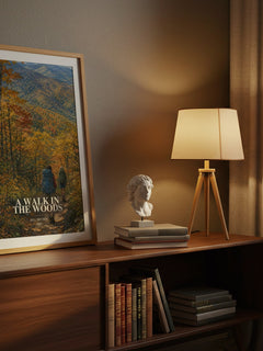 A Walk in the Woods watercolour print on bookshelf – Bill Bryson fan gift