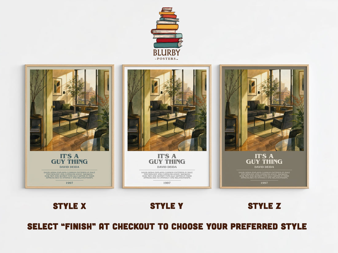 It's a guy thing bookish print in frame leaning in hallway – non fiction wall art (mockup)