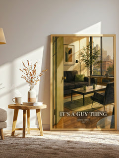 It's a guy thing watercolour print in frame leaning in hallway – non fiction wall art