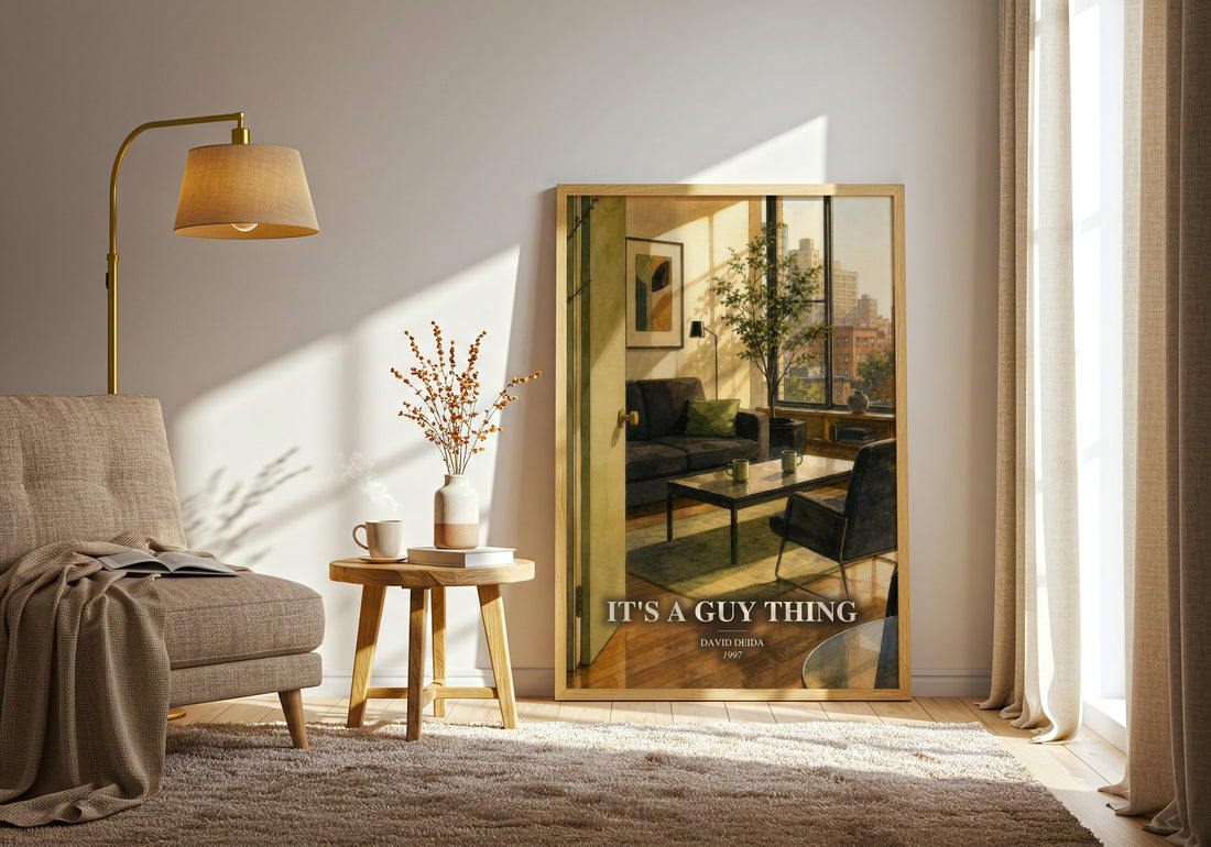 It's a guy thing watercolour print in frame leaning in hallway – non fiction wall art