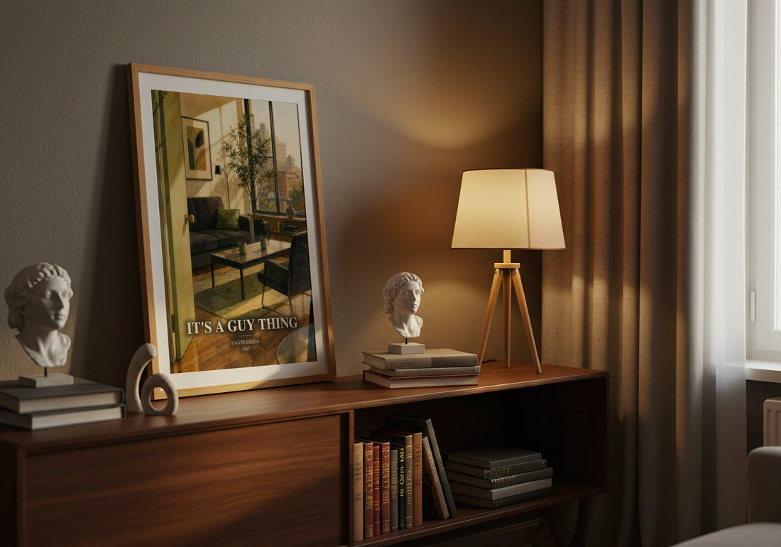 It's a guy thing watercolour print on bookshelf – David Deida fan gift
